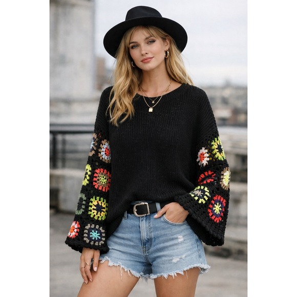SHEIN Sweaters - Black Oversized Granny Square Crochet Sweater Flare Sleeve Boho Indie Women's S